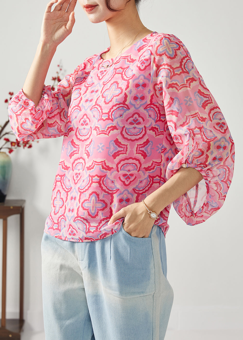 Fashion Rose Oversized Print Chiffon Shirt Top Bracelet Sleeve LC0385 - fabuloryshop