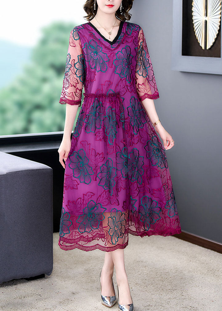 Fashion Rose V Neck Embroideried Patchwork Silk Dresses Summer Ada Fashion