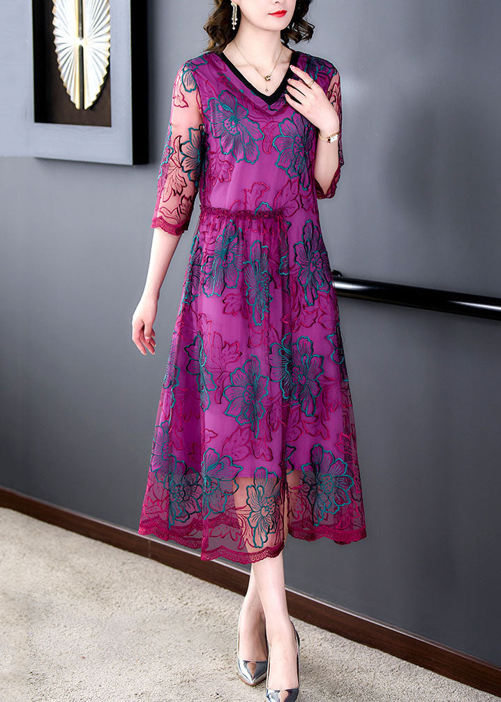 Fashion Rose V Neck Embroideried Patchwork Silk Dresses Summer Ada Fashion