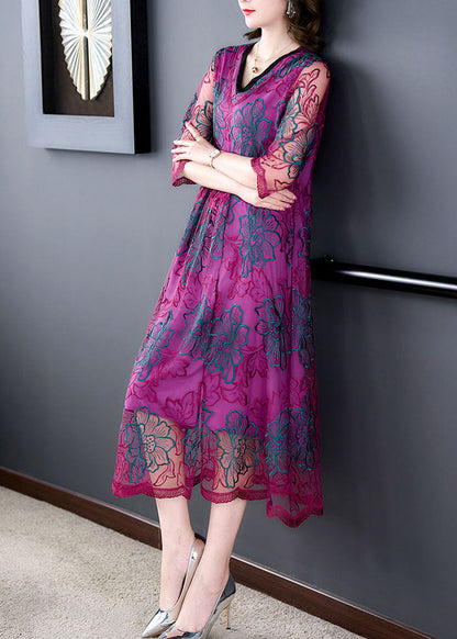 Fashion Rose V Neck Embroideried Patchwork Silk Dresses Summer Ada Fashion