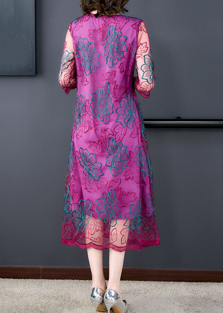 Fashion Rose V Neck Embroideried Patchwork Silk Dresses Summer Ada Fashion