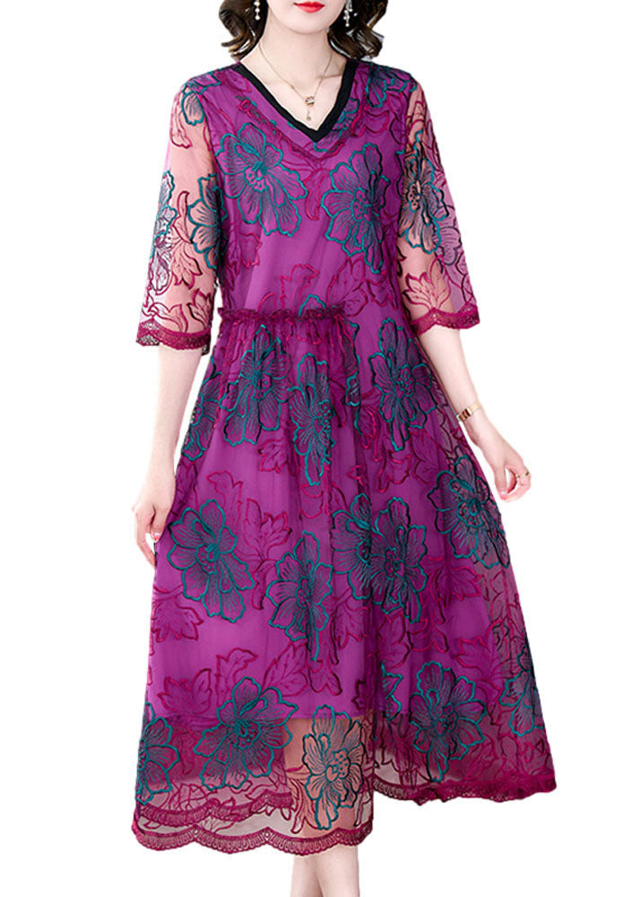 Fashion Rose V Neck Embroideried Patchwork Silk Dresses Summer Ada Fashion