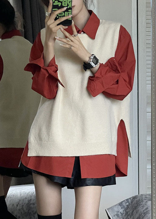 Fashion Side Open Apricot Knit Waistcoat And Red Shirts Two Pieces Set Fall Ada Fashion