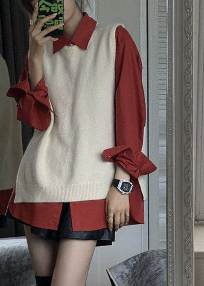 Fashion Side Open Apricot Knit Waistcoat And Red Shirts Two Pieces Set Fall Ada Fashion