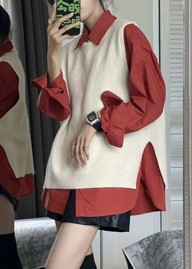 Fashion Side Open Apricot Knit Waistcoat And Red Shirts Two Pieces Set Fall Ada Fashion