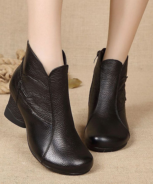 Fashion Splicing Chunky Boots Black Cowhide  Leather LY0237 - fabuloryshop