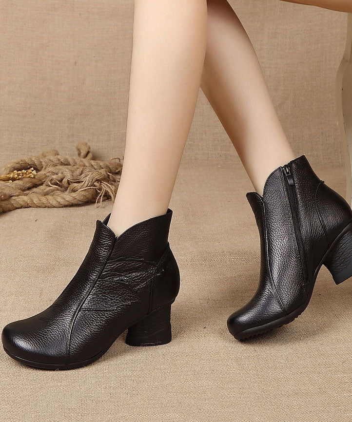 Fashion Splicing Chunky Boots Black Cowhide  Leather LY0237 - fabuloryshop