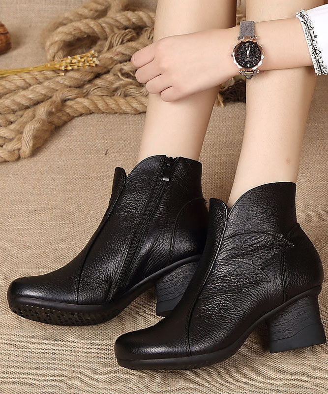 Fashion Splicing Chunky Boots Black Cowhide  Leather LY0237 - fabuloryshop