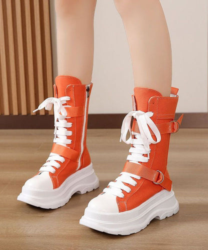 Fashion Splicing Lace Up Orange Canvas Motorcycle Platform Boots LY1777 - fabuloryshop