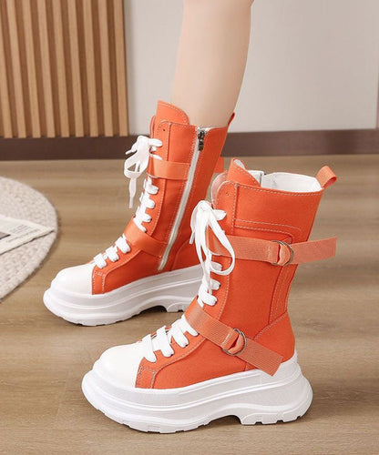 Fashion Splicing Lace Up Orange Canvas Motorcycle Platform Boots LY1777 - fabuloryshop