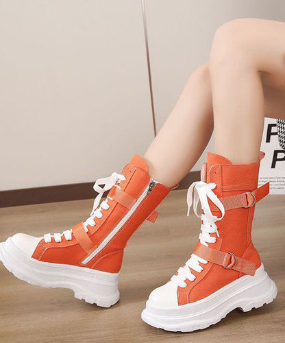 Fashion Splicing Lace Up Orange Canvas Motorcycle Platform Boots LY1777 - fabuloryshop