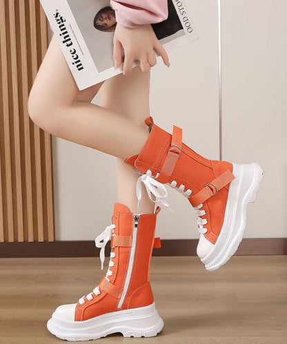 Fashion Splicing Lace Up Orange Canvas Motorcycle Platform Boots LY1777 - fabuloryshop