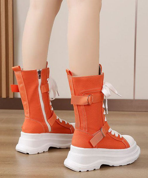 Fashion Splicing Lace Up Orange Canvas Motorcycle Platform Boots LY1777 - fabuloryshop