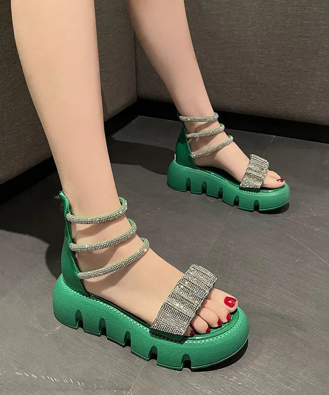 Fashion Splicing Zircon Platform Sandals Green Faux Leather Ada Fashion