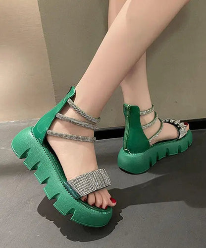 Fashion Splicing Zircon Platform Sandals Green Faux Leather Ada Fashion