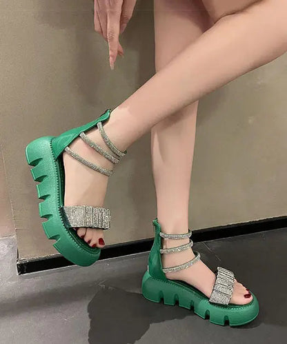 Fashion Splicing Zircon Platform Sandals Green Faux Leather Ada Fashion