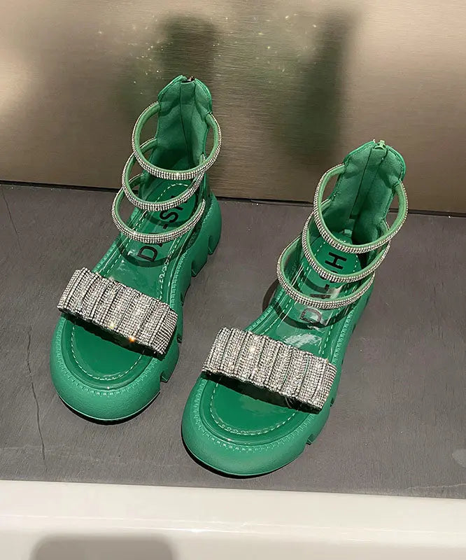 Fashion Splicing Zircon Platform Sandals Green Faux Leather Ada Fashion