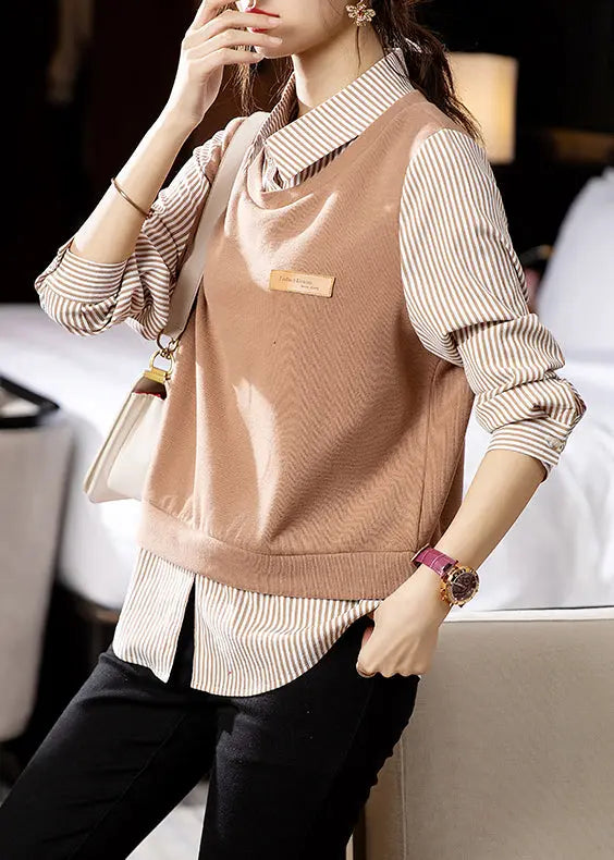 Fashion Striped Patchwork False Two Pieces Cotton Top Long Sleeve Ada Fashion