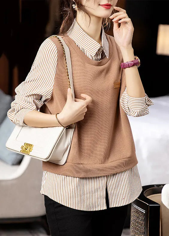 Fashion Striped Patchwork False Two Pieces Cotton Top Long Sleeve Ada Fashion