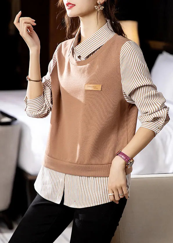 Fashion Striped Patchwork False Two Pieces Cotton Top Long Sleeve Ada Fashion