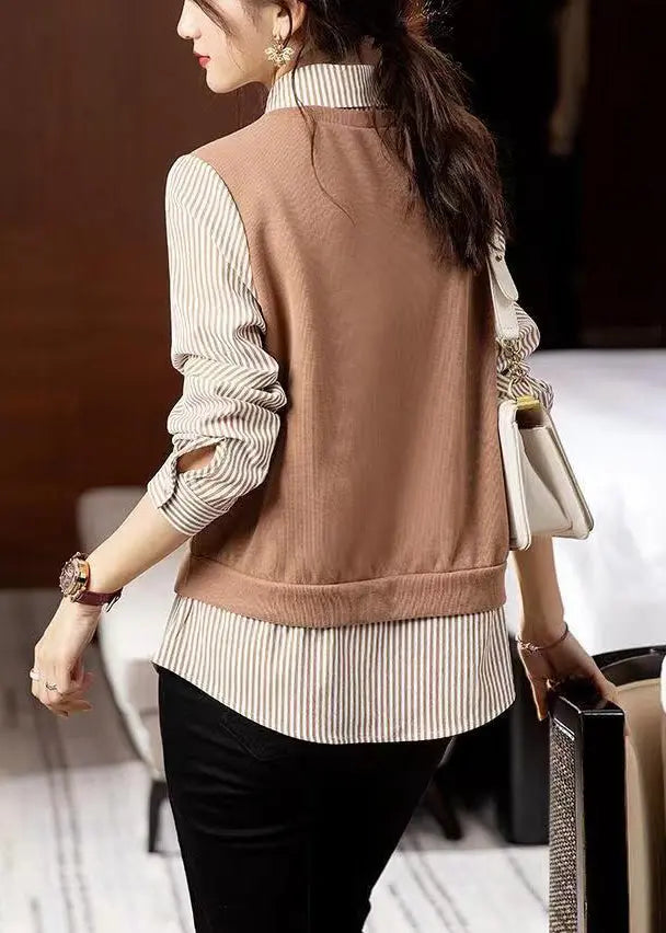 Fashion Striped Patchwork False Two Pieces Cotton Top Long Sleeve Ada Fashion