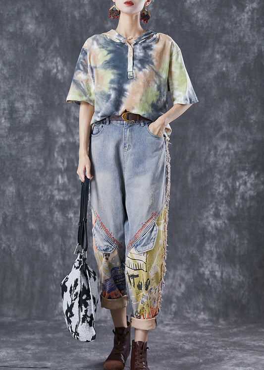 Fashion Tie Dye Patchwork Hooded Cotton Two Pieces Set Summer Ada Fashion