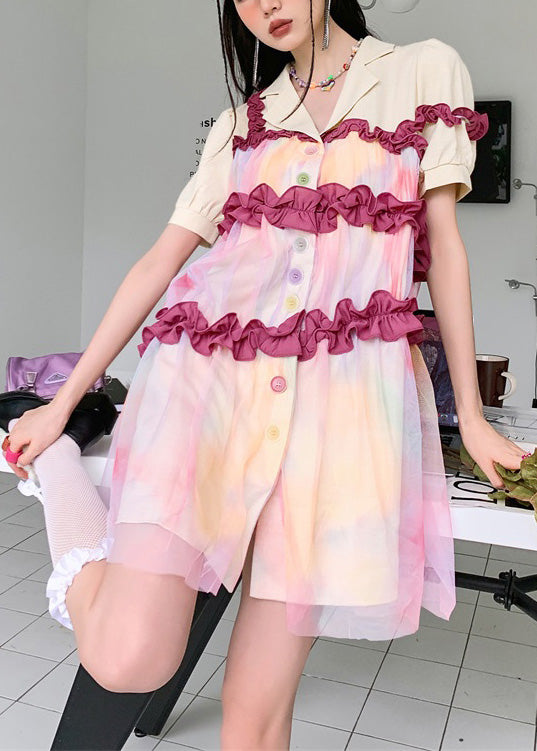 Fashion Turtleneck Patchwork Ruffled Button Tulle Shirts Dresses Summer LY0749 - fabuloryshop