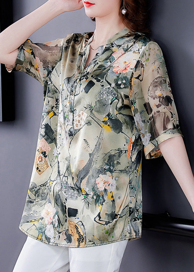 Fashion V Neck Print Button Silk Shirts Short Sleeve LY6196 - fabuloryshop