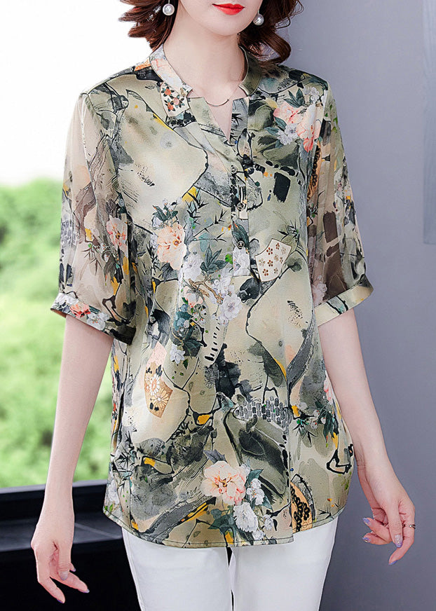 Fashion V Neck Print Button Silk Shirts Short Sleeve LY6196 - fabuloryshop