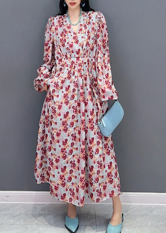 Fashion V Neck Print Tie Waist Long Dress Spring LC0313 - fabuloryshop