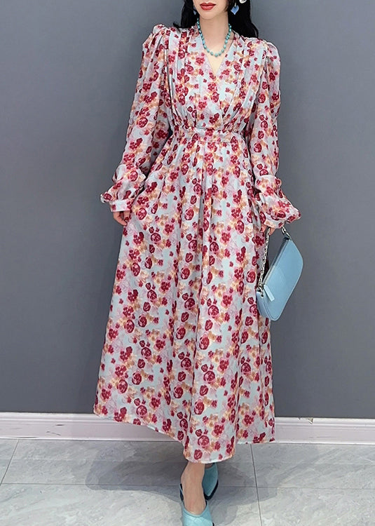 Fashion V Neck Print Tie Waist Long Dress Spring LC0313 - fabuloryshop