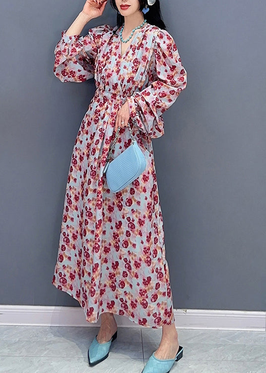 Fashion V Neck Print Tie Waist Long Dress Spring LC0313 - fabuloryshop