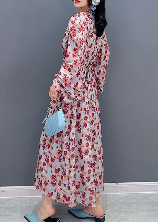 Fashion V Neck Print Tie Waist Long Dress Spring LC0313 - fabuloryshop