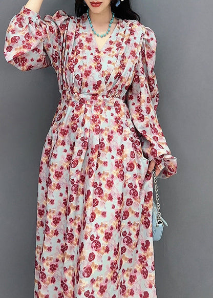 Fashion V Neck Print Tie Waist Long Dress Spring LC0313 - fabuloryshop