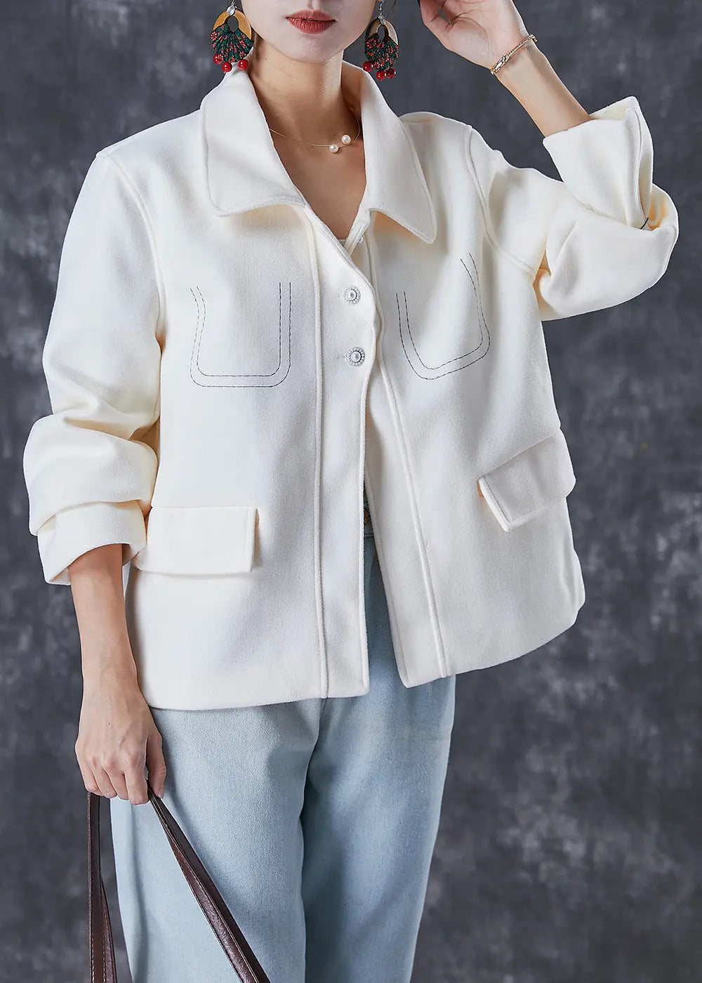 Fashion White Embroideried Woolen Coat Fall Ada Fashion