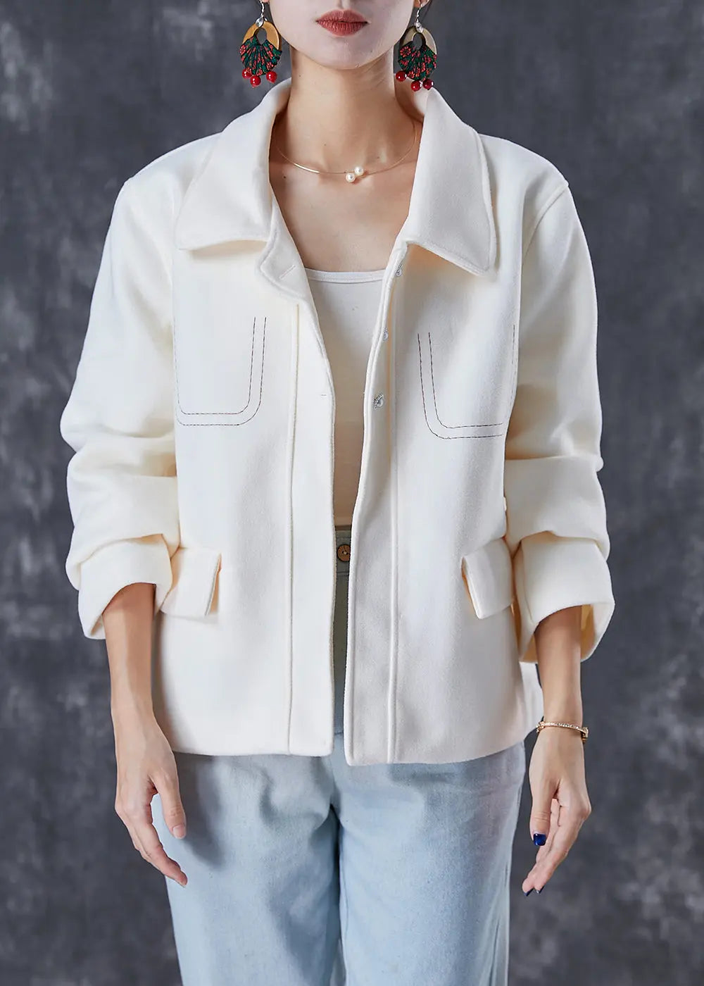 Fashion White Embroideried Woolen Coat Fall Ada Fashion