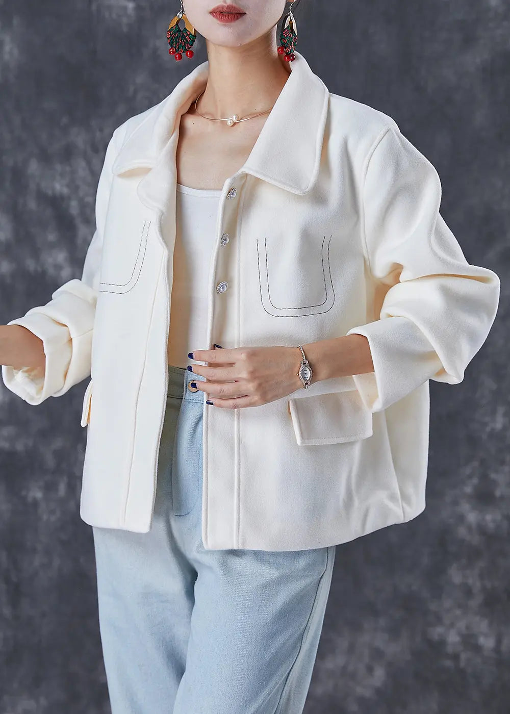 Fashion White Embroideried Woolen Coat Fall Ada Fashion