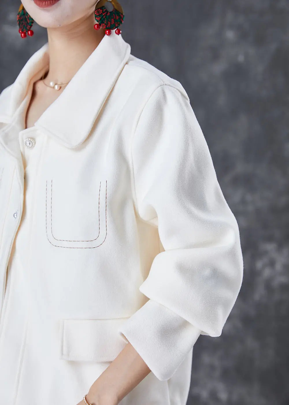 Fashion White Embroideried Woolen Coat Fall Ada Fashion