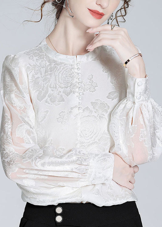 Fashion White O-Neck Button Jacquard Slik Shirt Spring LY0106 - fabuloryshop
