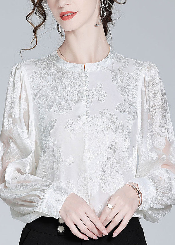 Fashion White O-Neck Button Jacquard Slik Shirt Spring LY0106 - fabuloryshop