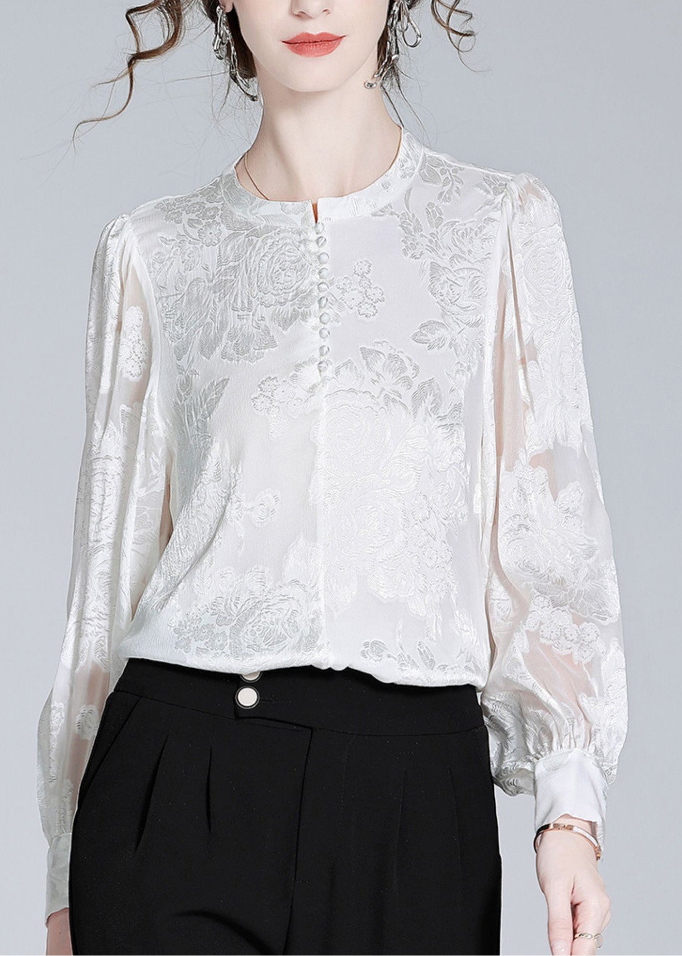 Fashion White O-Neck Button Jacquard Slik Shirt Spring LY0106 - fabuloryshop