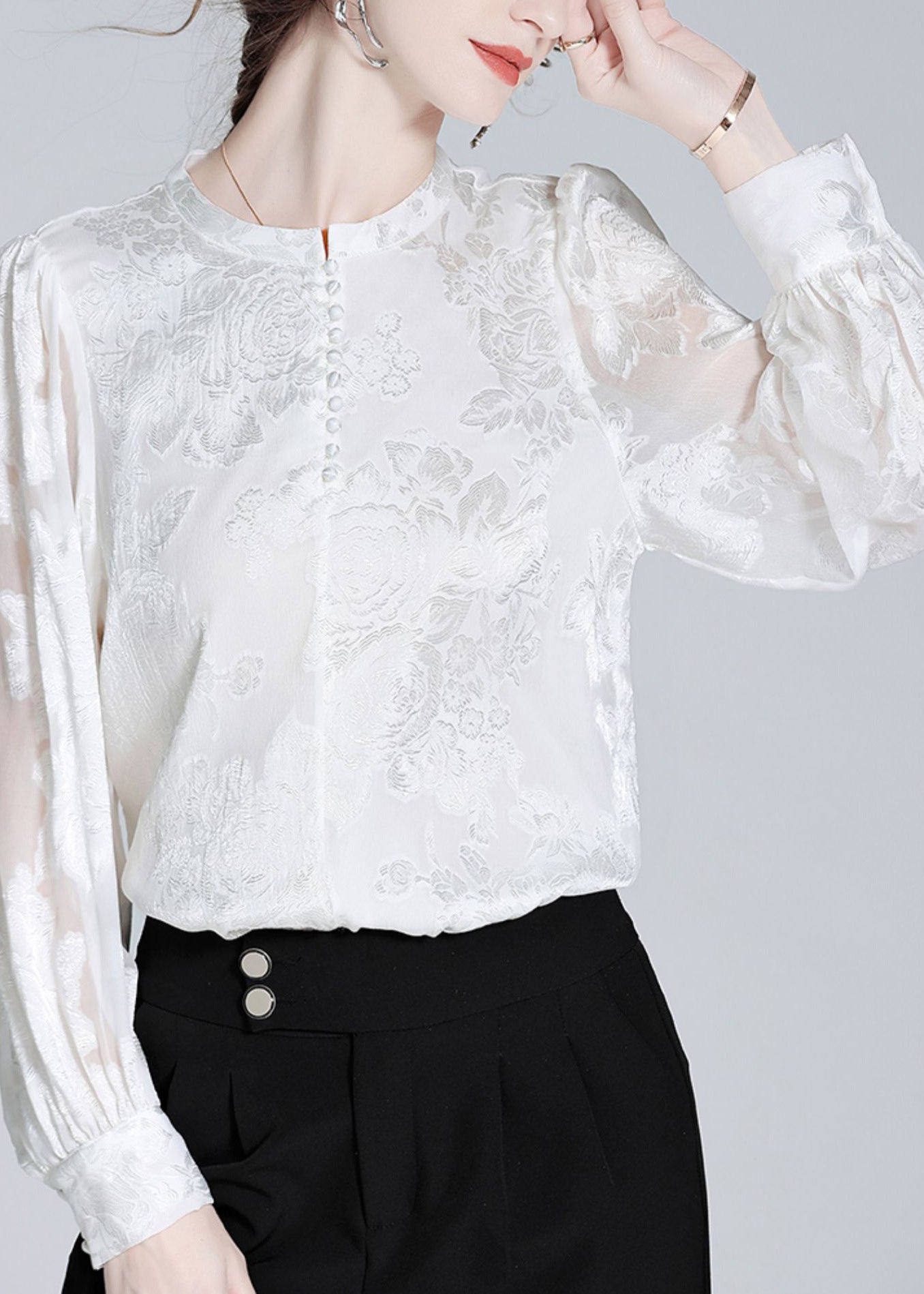 Fashion White O-Neck Button Jacquard Slik Shirt Spring LY0106 - fabuloryshop