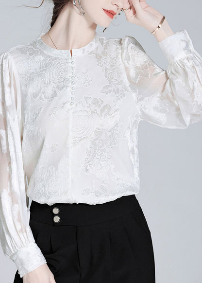 Fashion White O-Neck Button Jacquard Slik Shirt Spring LY0106 - fabuloryshop