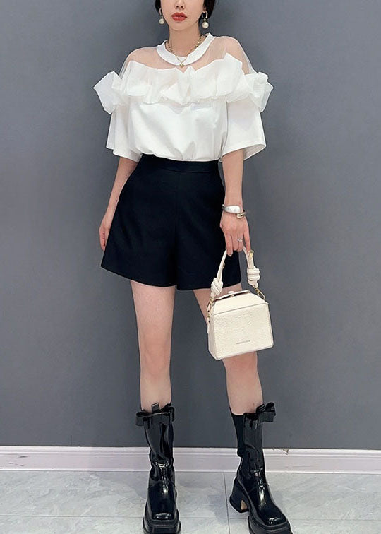 Fashion White O Neck Ruffled Tulle Patchwork Cotton Mid Dress Summer LY5739 - fabuloryshop