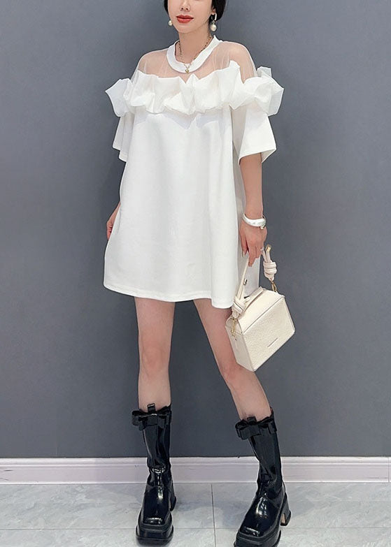 Fashion White O Neck Ruffled Tulle Patchwork Cotton Mid Dress Summer LY5739 - fabuloryshop