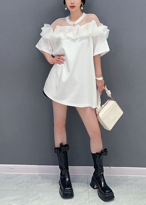 Fashion White O Neck Ruffled Tulle Patchwork Cotton Mid Dress Summer LY5739 - fabuloryshop