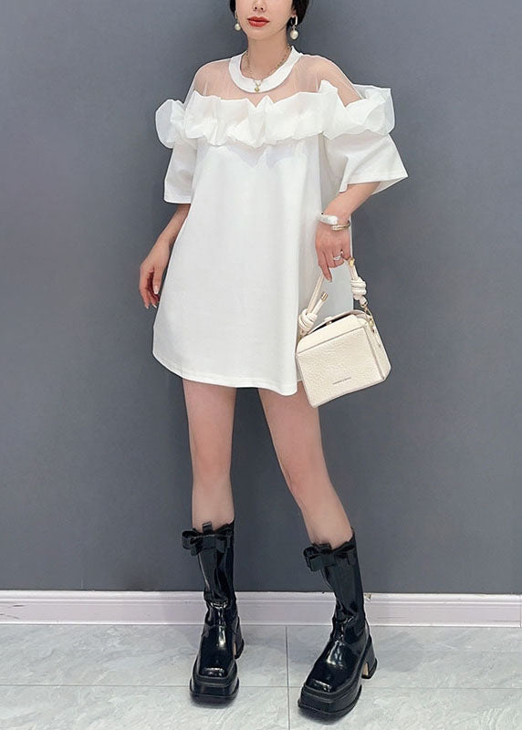 Fashion White O Neck Ruffled Tulle Patchwork Cotton Mid Dress Summer LY5739 - fabuloryshop