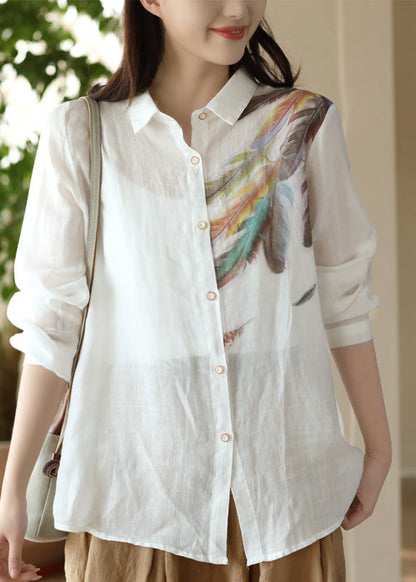 Fashion White Peter Pan Collar Print Ramie Shirts Spring LY5072 - fabuloryshop