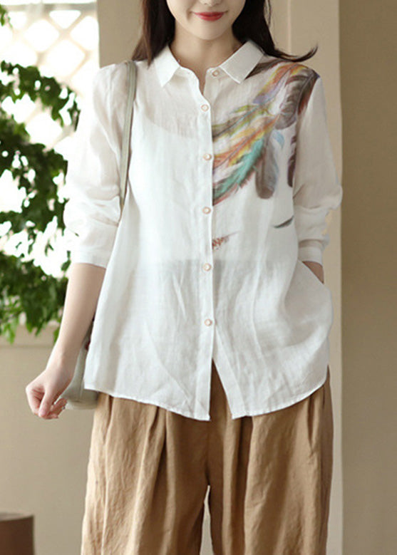 Fashion White Peter Pan Collar Print Ramie Shirts Spring LY5072 - fabuloryshop