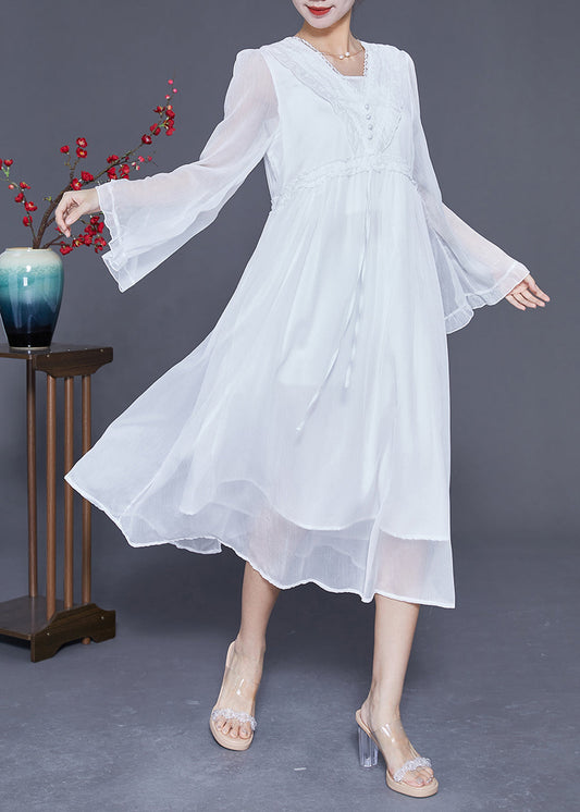 Fashion White Ruffled Patchwork Chiffon Holiday Dress Flare Sleeve LY3603